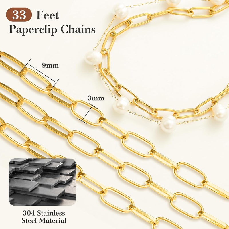 Ecoofor 33 Ft 18k Gold Stainless Steel Paperclip Chains Roll - 3mm Width, Gold Plated Chain with Jump Rings & Lobster Clasps - Image 2